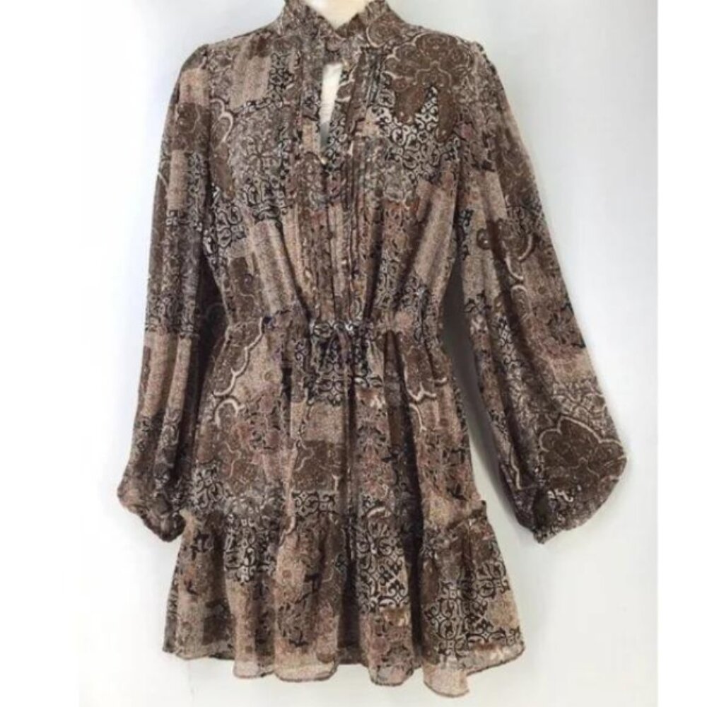 House of Harlow 1960 NWT Brown/Tan/Gold Paisley Print BOHO Mini Dress, Size 8